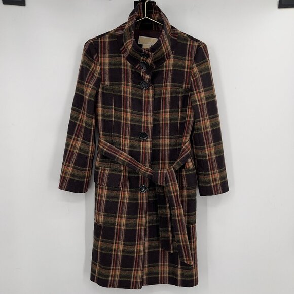 Michael Michael Kors Women’s Plaid Wool Blend Belted Winter Coat S/P - Picture 1 of 8